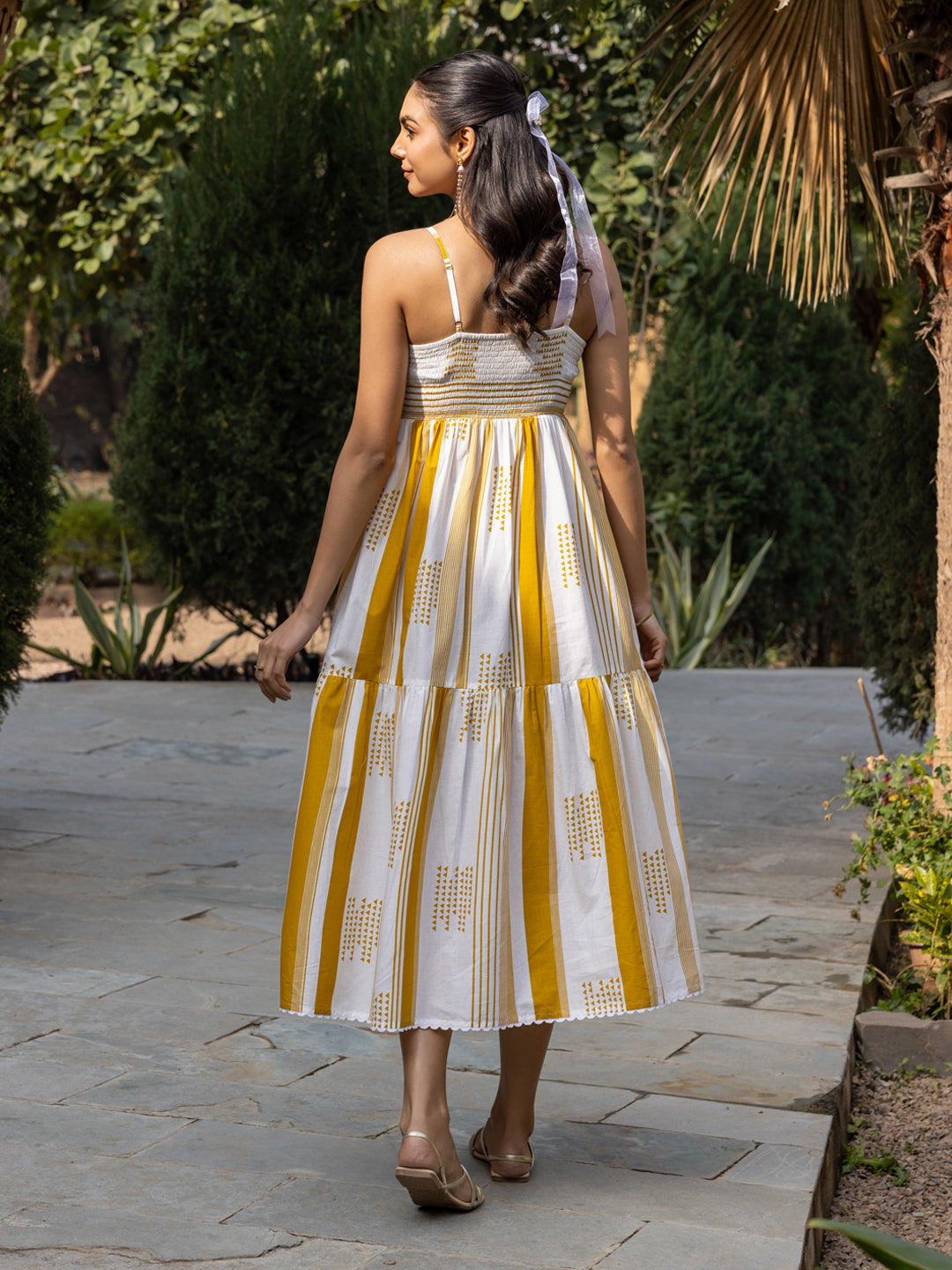 FIORRA Women's Mustard Striped Cotton Midi Dress